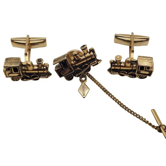 Sarah Coventry Train Cufflinks & Tie Pin Locomotive Railroad Steam Engine Tack - Picture 4 of 6